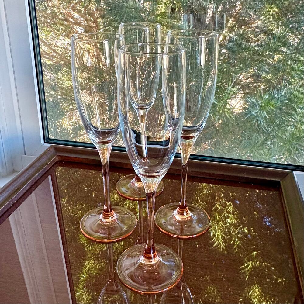 Vintage Luminarc France Champagne Flutes Pink Stem Clear Glass Set of 4